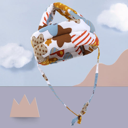 Breathable protective baby head cap with patchwork star and striped fabric, tied chin straps