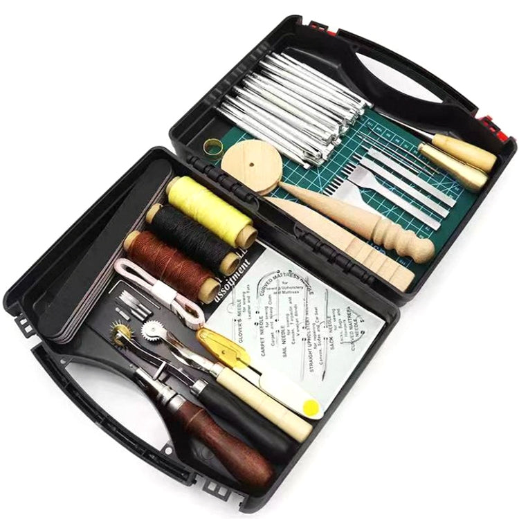 Leather DIY tool set case with assorted cutting and sewing tools, wooden handles