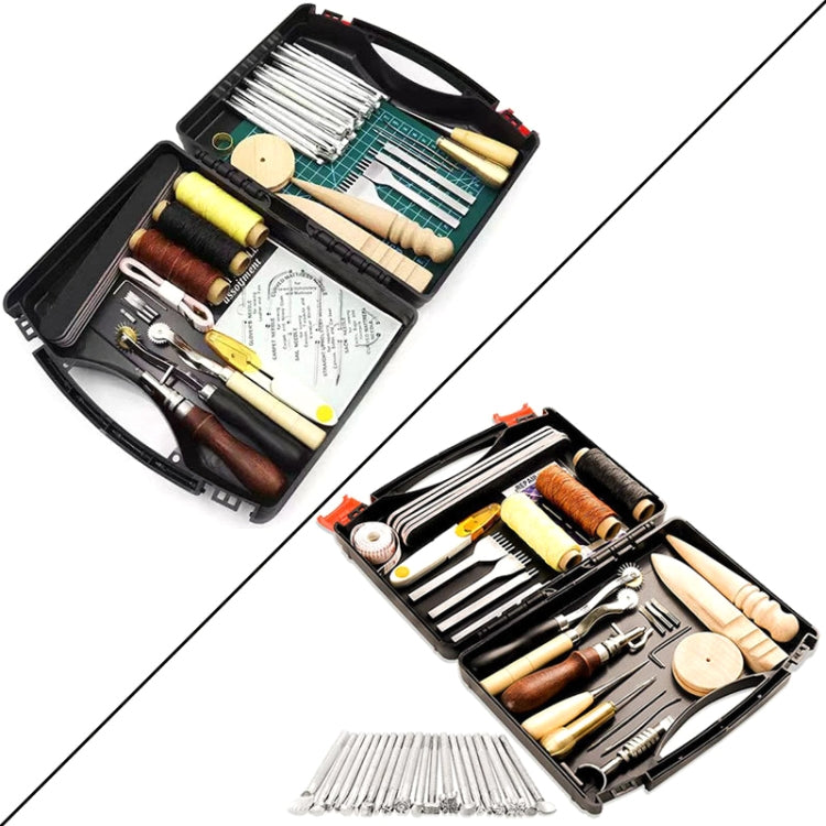 Leather DIY tool set shown open with multiple cutting, punching, and sewing tools and spare blades