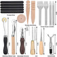 Leather crafting tools set with wooden handles: burnisher, prong punch, stitching wheel, awl