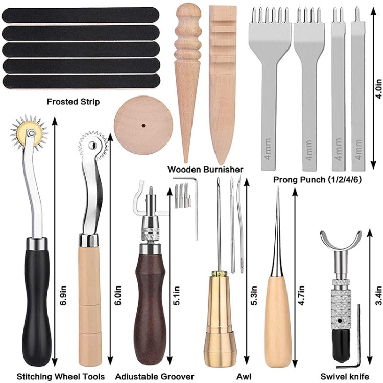 Leather crafting tools set with wooden handles: burnisher, prong punch, stitching wheel, awl