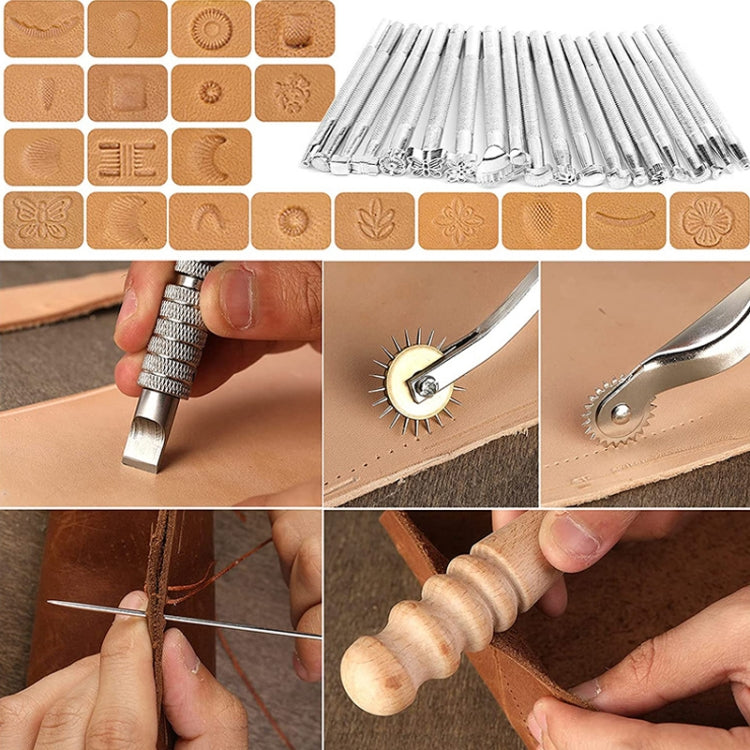 Leather stamping tool with metal prongs plus stamped leather pattern samples