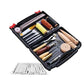 Leather DIY tool set with punches, knives, and wooden-handled tools in open black case