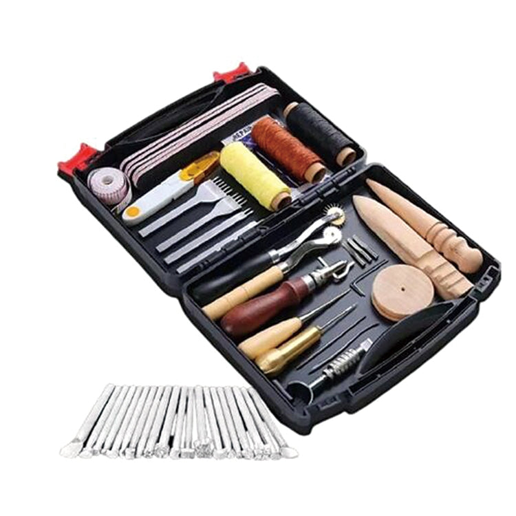 Leather DIY tool set with punches, knives, and wooden-handled tools in open black case