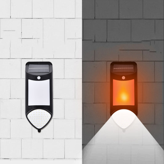 Solar LED flame-style wall light pair, black housing with glowing orange and white panels