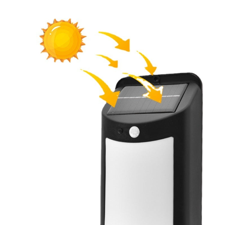 Solar LED wall light with solar panel and white LED array in black housing
