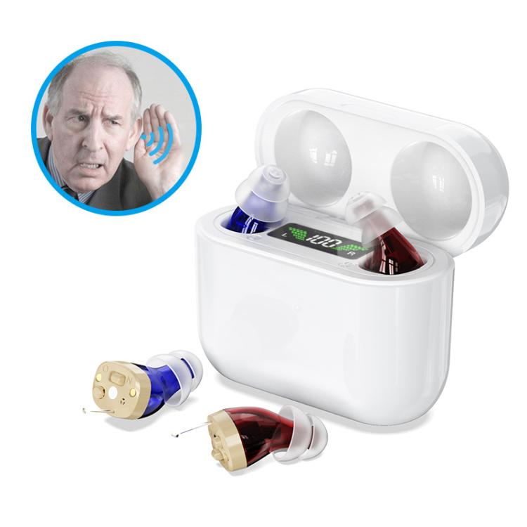 Digital hearing aid and white charging case (open), with blue-tinted receiver pieces