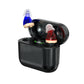 Digital hearing aids in black charging case, with blue and red-tinted receiver pieces