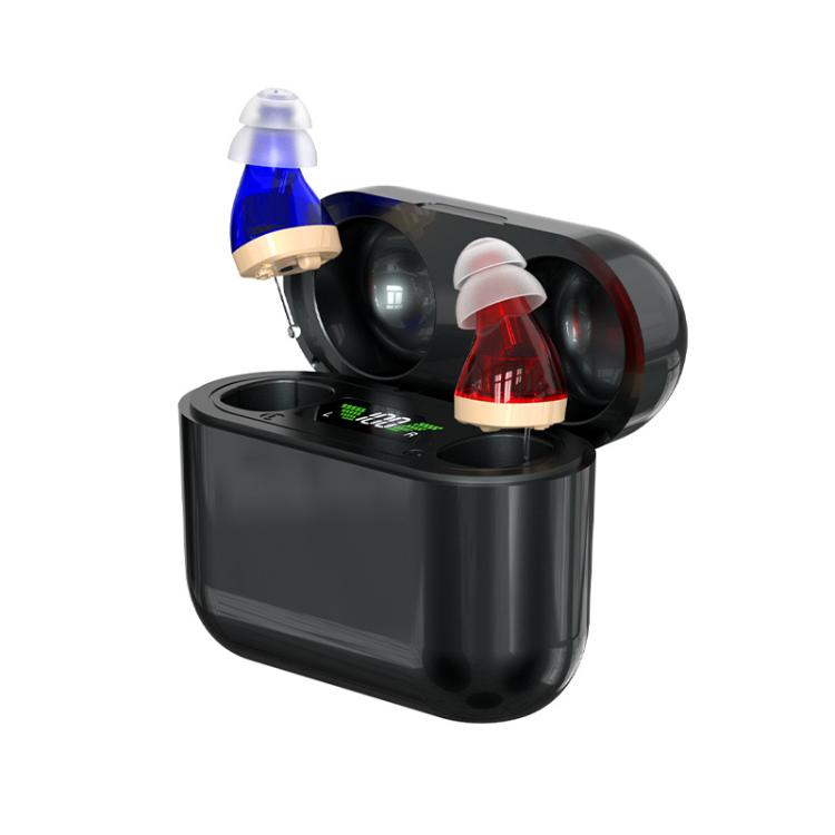 Digital hearing aids in black charging case, with blue and red-tinted receiver pieces