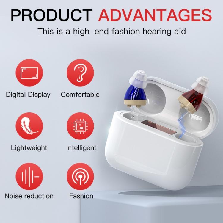 White digital hearing aid charging case holding two hearing aids with clear ear tips