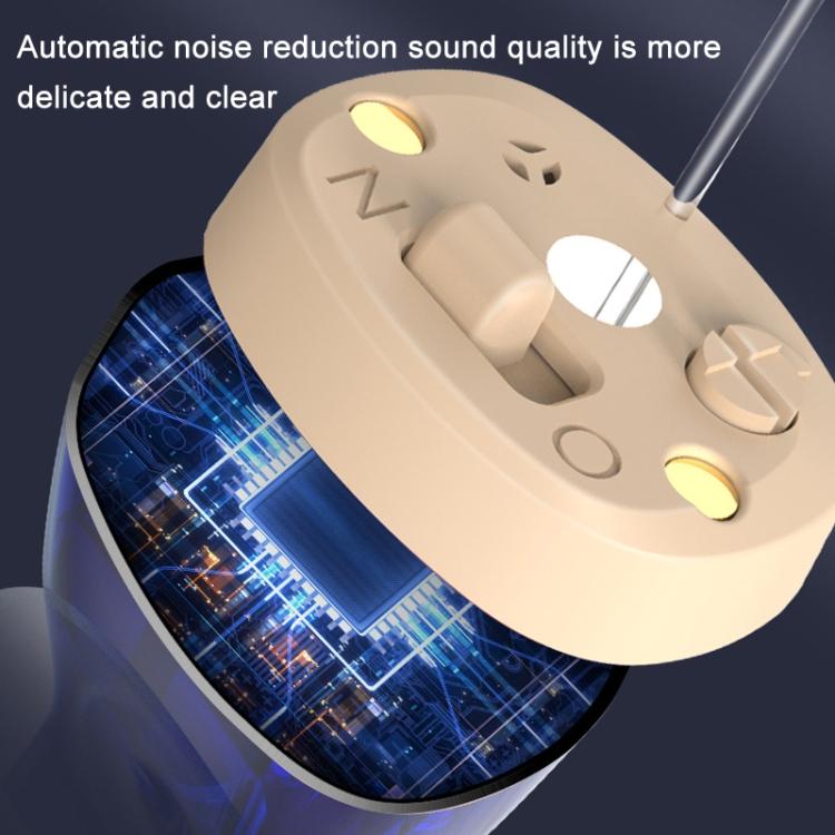 In-ear digital hearing aid with blue circuit-style detail and beige body