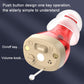 Beige digital hearing aid with red translucent housing, volume knob, and push button