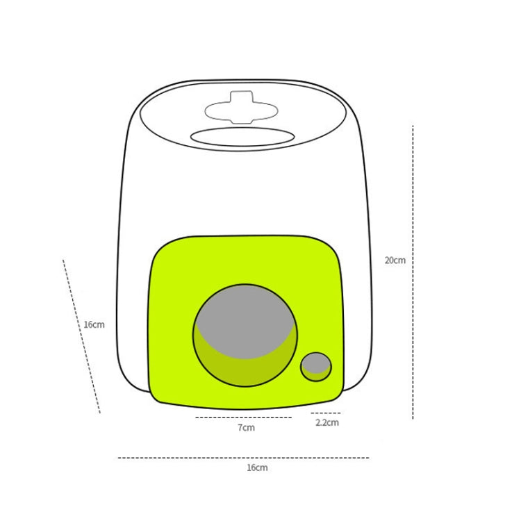 Green-and-white dog treat dispenser product design diagram with front opening