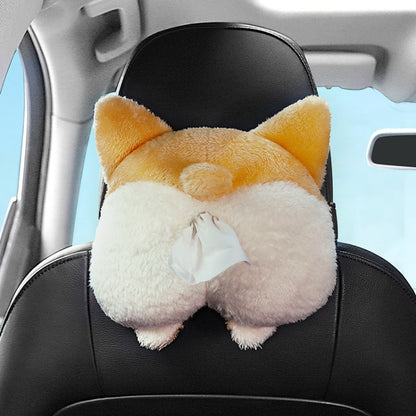 Corgi-themed plush tissue box cover for car seat, orange-and-white with bow design