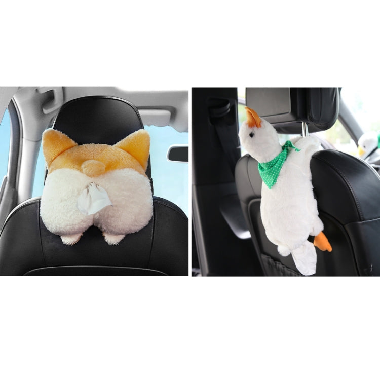 Corgi-themed plush tissue box cover on car seat back, orange-and-white front and side