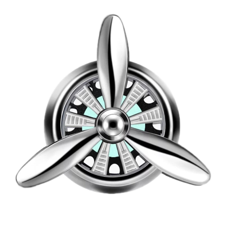 Car air outlet perfume swivel fan, silver propeller design with teal accents and hub