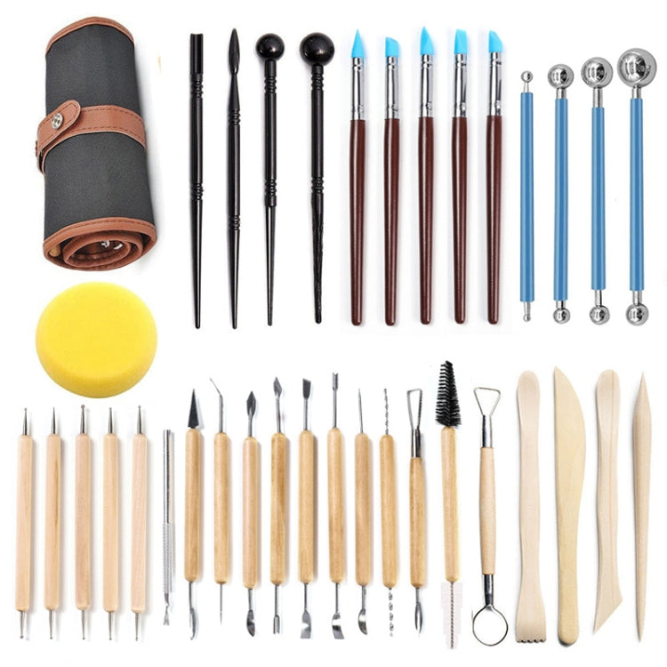 Clay carving tool set with 36 sculpting knives in a rolled storage case