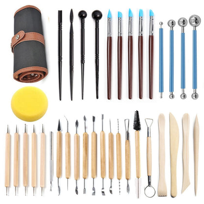 Clay carving tool set with 36 sculpting knives in a rolled storage case