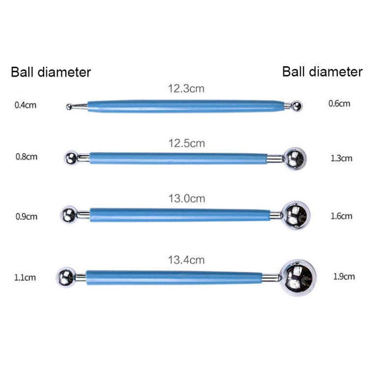 Blue ball-tipped clay sculpting tools with metal ends and size labels