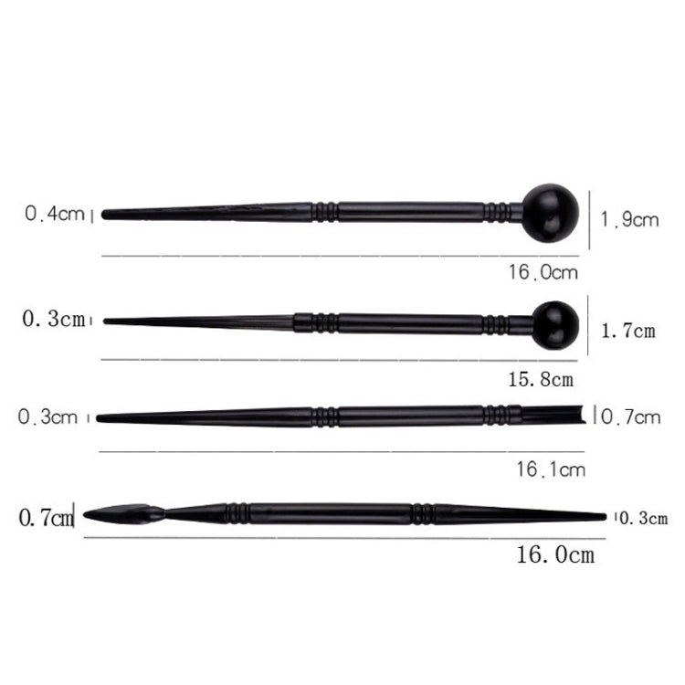 Black clay carving tools with rounded tips and printed measurements