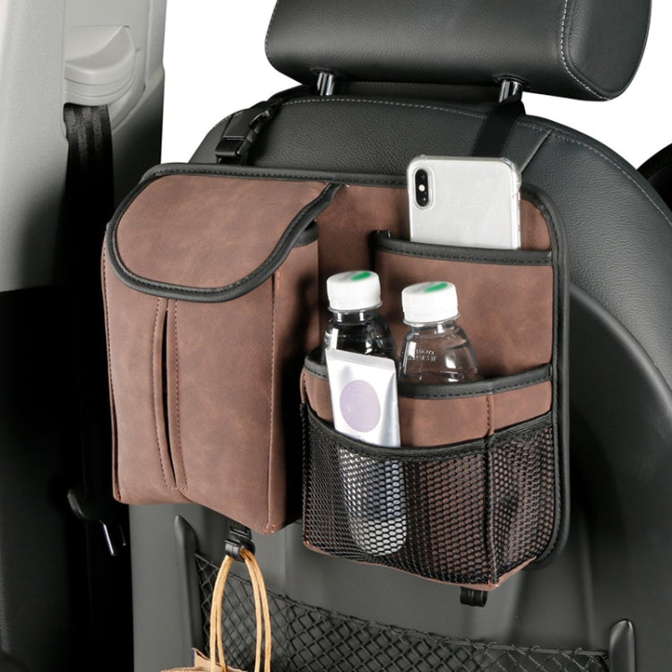 Brown car seat back storage bag with mesh pockets for bottles and tissue cover