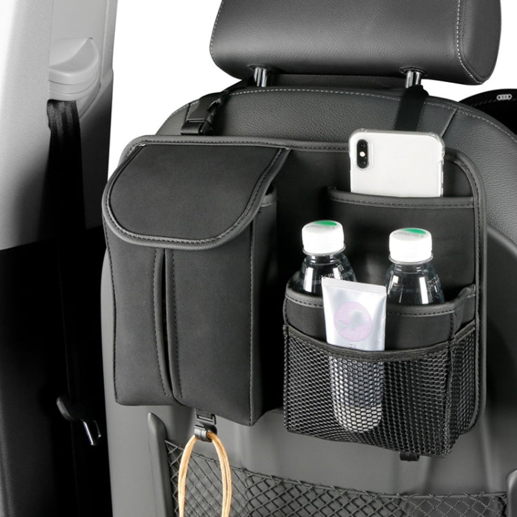 Black car seat back tissue storage bag with mesh bottle pockets and phone holder