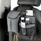 Grey car seat back tissue storage bag with mesh bottle pockets and side flap