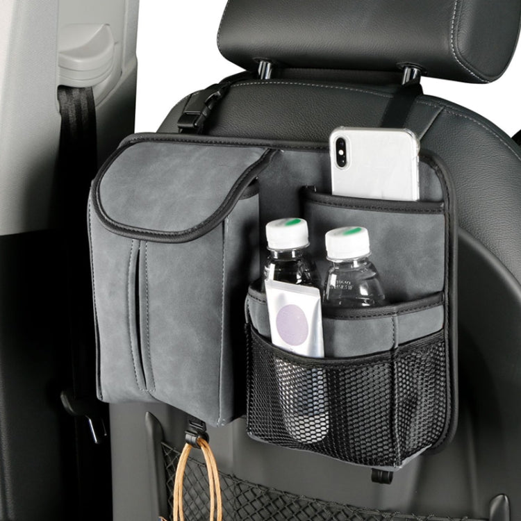 Grey car seat back tissue storage bag with mesh bottle pockets and side flap