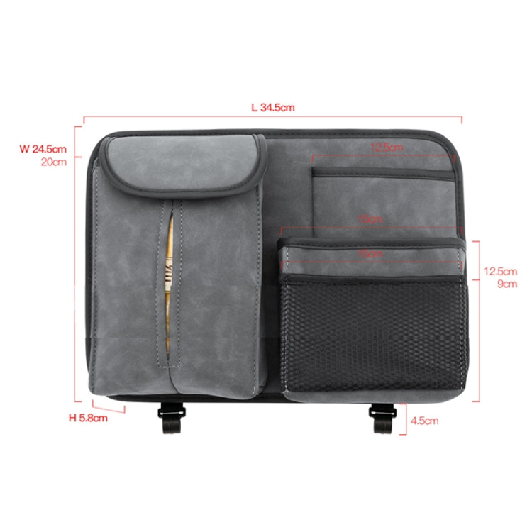 Car seat back storage bag size diagram with tissue box cover and hanging hooks