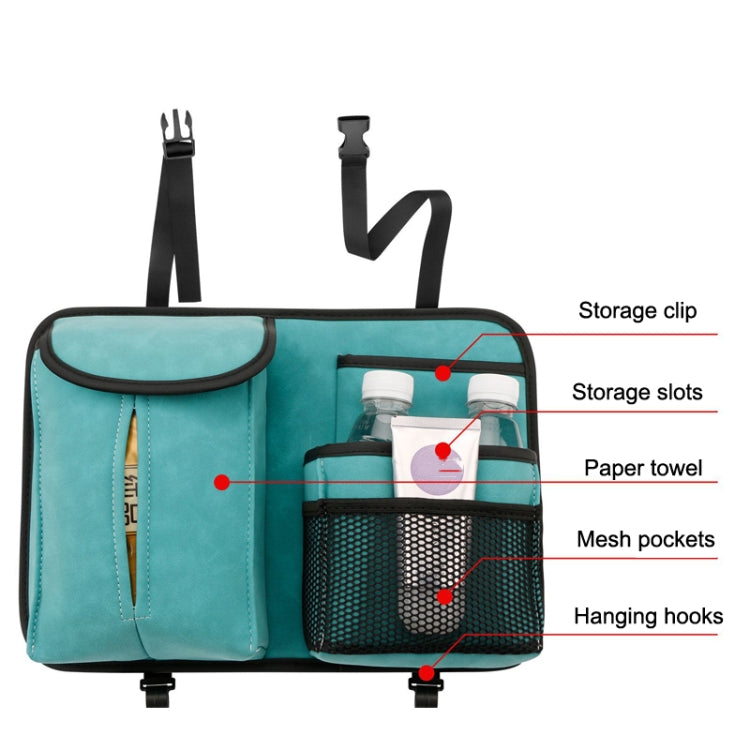 Blue car seat back organizer bag with storage slots, mesh pockets, and hanging hooks