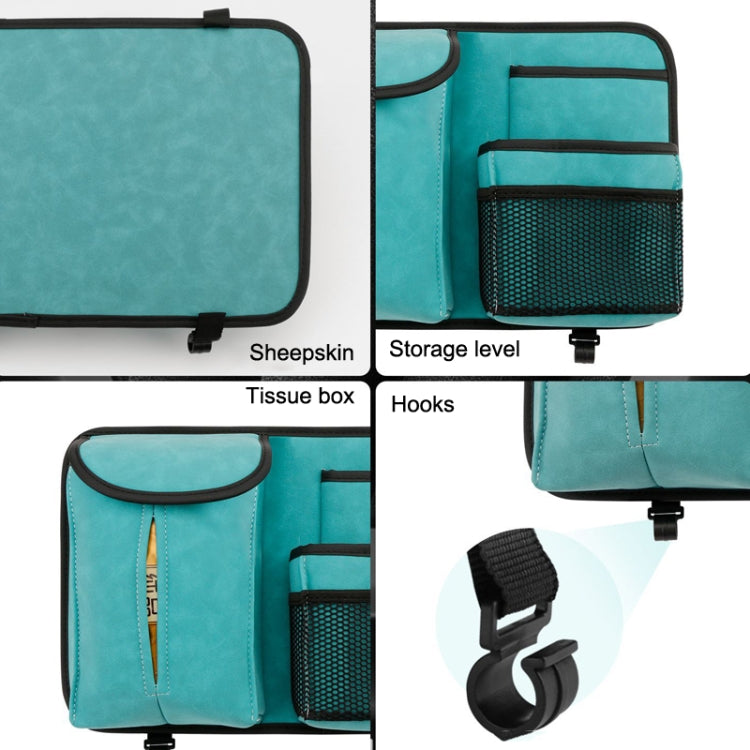 Blue car seat back storage bag with hooks and multiple storage levels for tissue and items