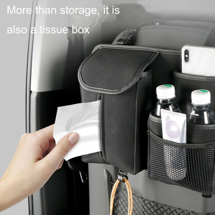 Black car seat back tissue box storage bag with pull-out tissue opening and mesh pockets