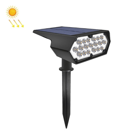 Black solar LED lawn spotlight with stake, hex head, and 19 LED bulbs