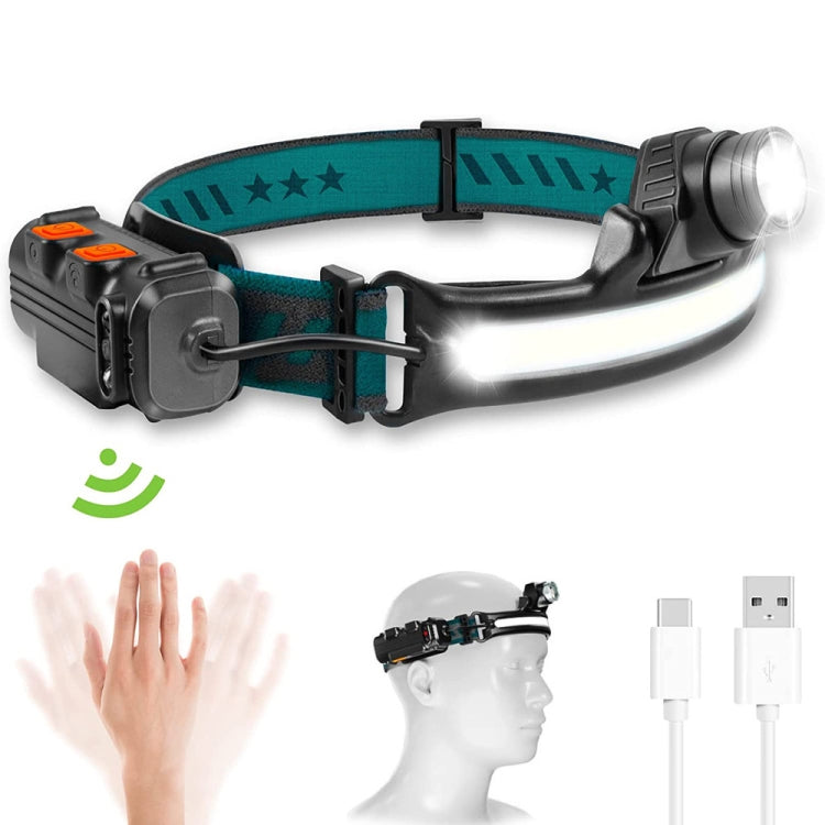 Rechargeable headlamp flashlight with elastic teal headband and bright front light beam