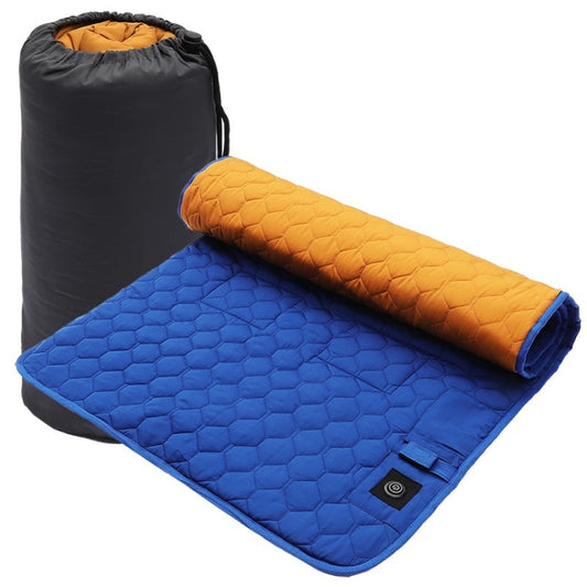 Blue and orange hex-quilt heating sleeping bag pad, rolled mat with control