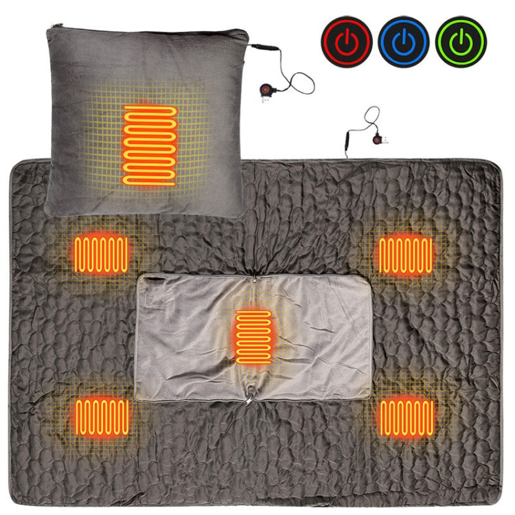 Portable electric heating pillow and blanket set in dark gray with wired controller buttons