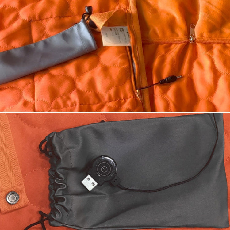 Electric heating blanket with orange-and-gray fabric, drawstring pouch, and small controller