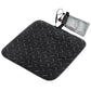 Black heating cushion pad with quilted grid surface and attached power controller pouch