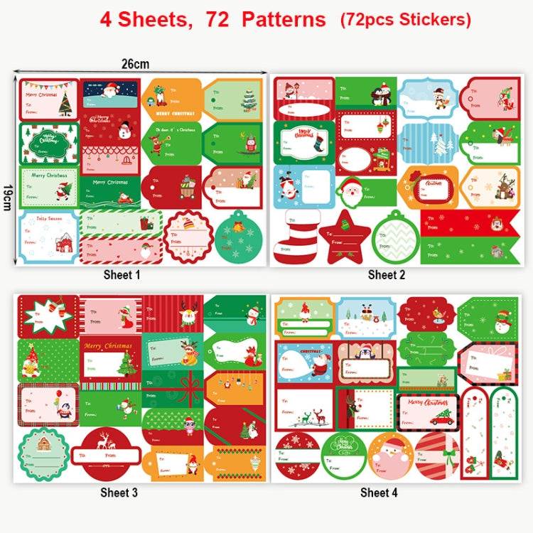 Christmas closure sticker sheets showing 72 patterns in mixed tags and frames