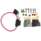 Motorcycle rectifier connector kit with wire harness, fuse-style parts, and housings