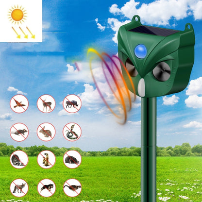 Green solar ultrasonic animal repellent stake with solar panel and speaker vents