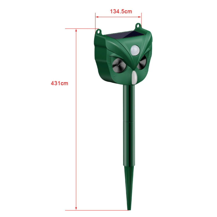 Green solar ultrasonic animal repellent with solar top, white sensor, and long stake