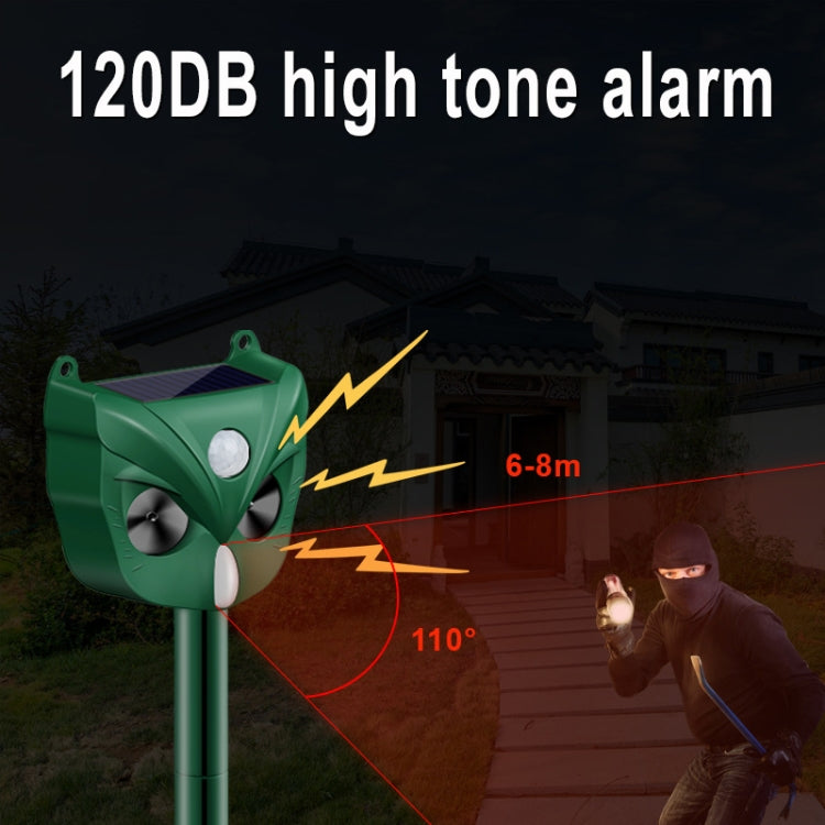 Green solar ultrasonic animal repellent stake with bright indicator light and solar panel top