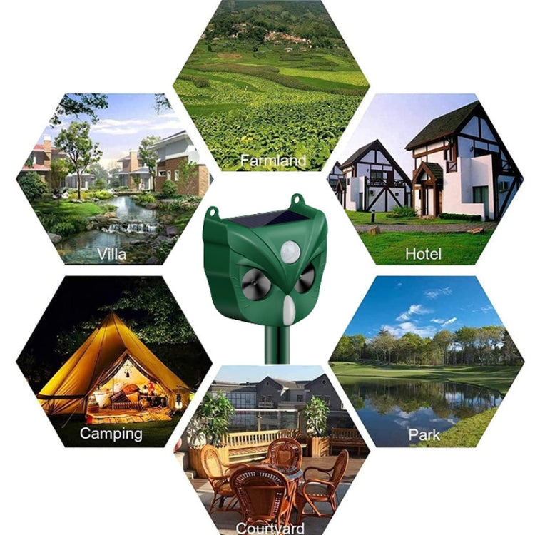 Green solar ultrasonic animal repellent device with solar panel top and long ground stake