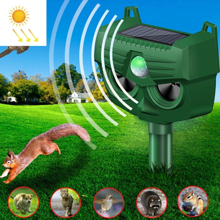 Green outdoor solar animal repellent device with ultrasonic sound-wave indicator