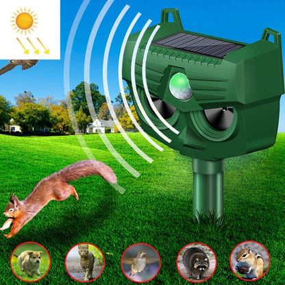 Green outdoor solar animal repellent device with ultrasonic sound-wave indicator