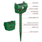 Green solar animal repellent device diagram showing PIR sensor, speaker, LED, rod