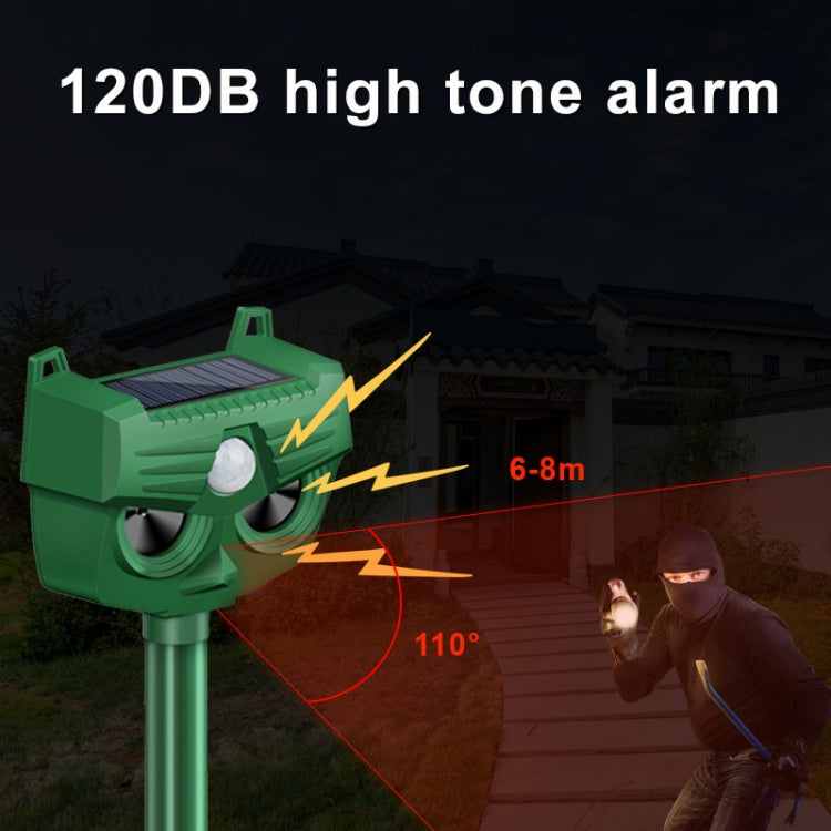 Green solar animal repellent device with motion detection range and alarm indicators