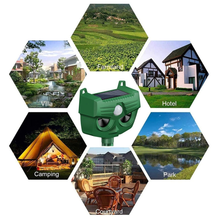 Green outdoor solar animal repellent device for use in yard, park, and campsite areas