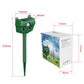 Green outdoor solar animal repellent device with dimensions and product box shown